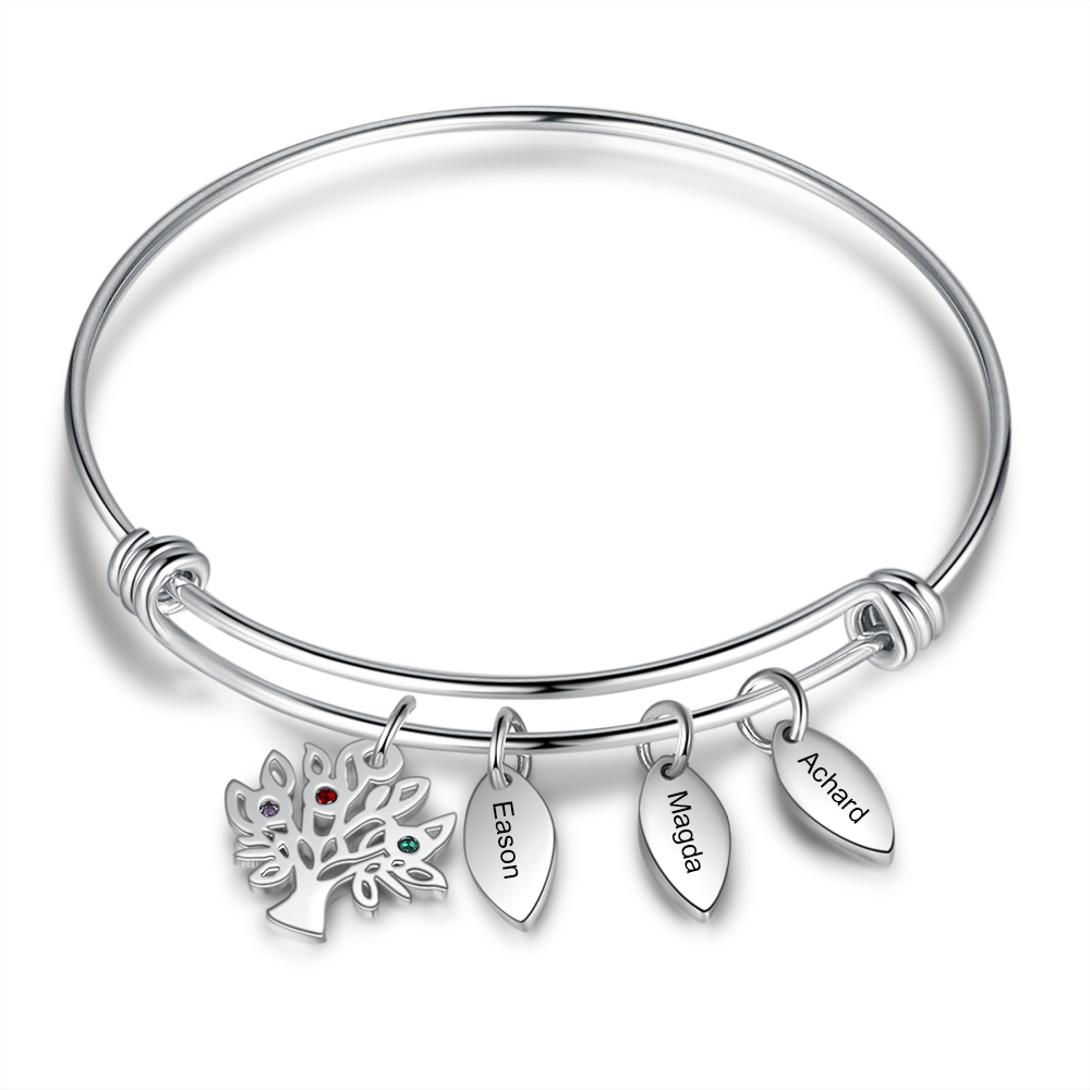 Personalised Family Tree Bracelet with 3 Birthstones Leaf Charms Bangle for Her-Jessemade AU