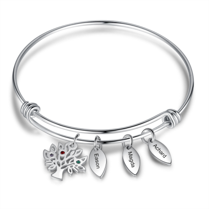 Personalised Family Tree Bracelet with 3 Birthstones Leaf Charms Bangle for Her-Jessemade AU