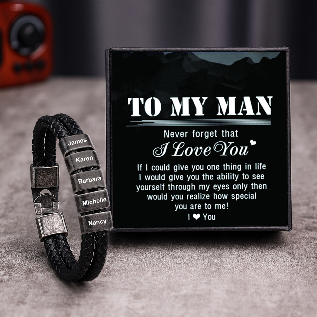 Personalised Men Leather Bracelet with 5 Names Beaded Wrap Bracelet Retro Style For Him-Jessemade AU