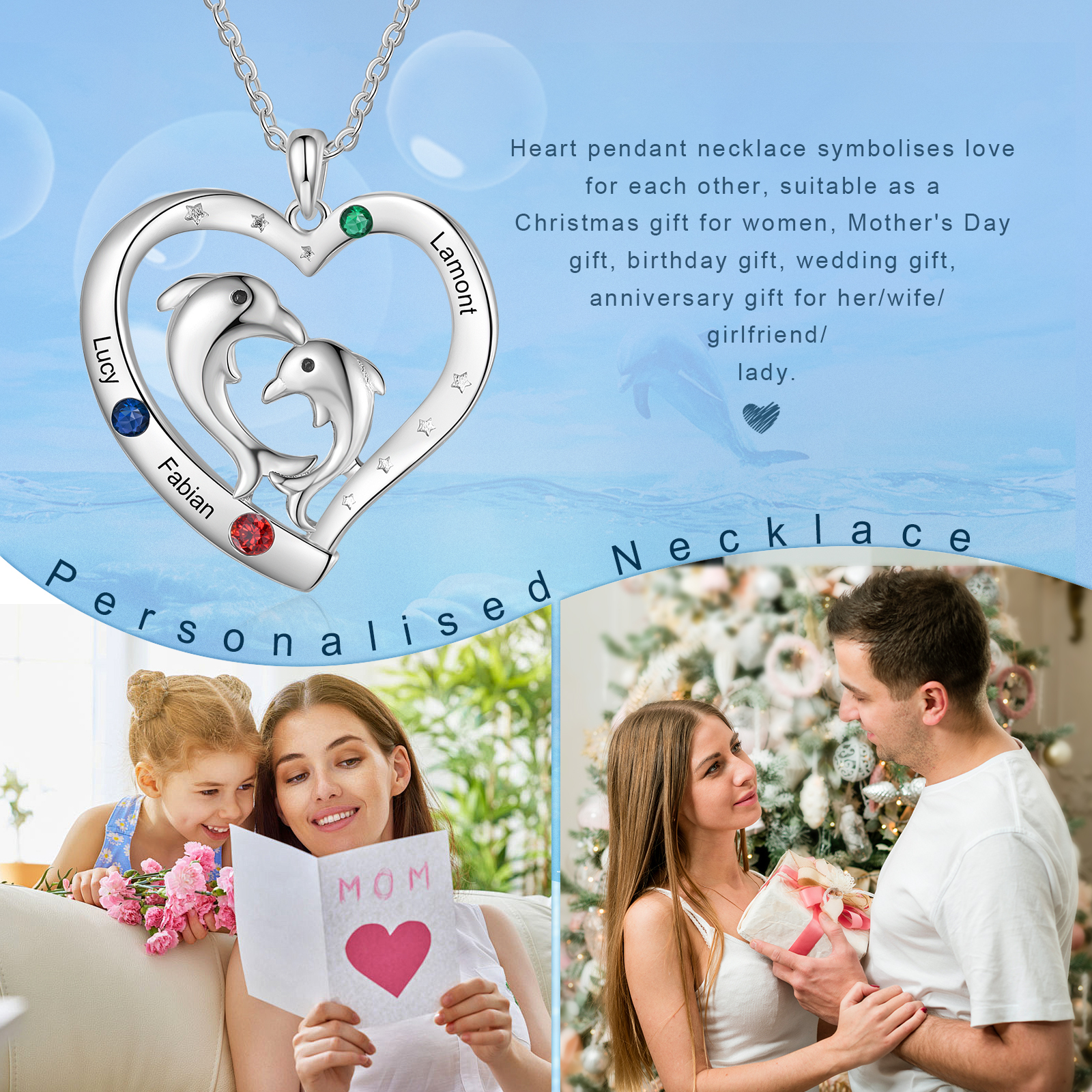 Personalised Heart Dolphin Pendant Necklace Custom 3 Birthstones Engraved 3 Names Necklace Gift for Her-Jessemade AU