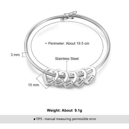 Engraved Personalised Bangle Bracelet with 5 Names with 5 Heart Shape Pendant Gift for Mother-Jessemade AU