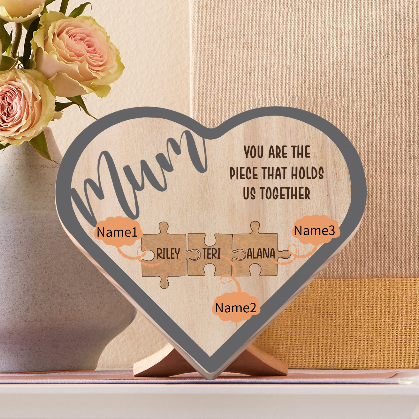 To Mum Personalised Wooden Puzzle Heart Keepsake Desktop Ornament Custom 3 Names Mothers Gifts-Jessemade AU