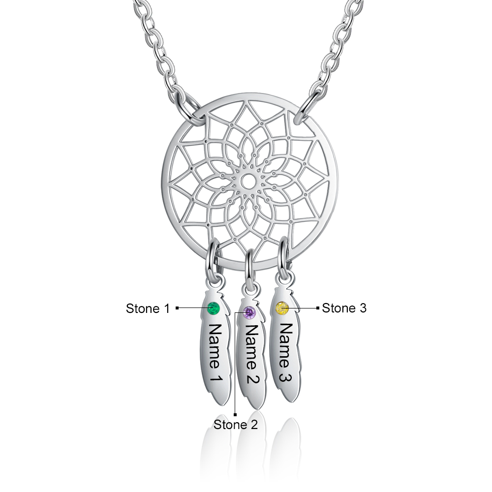 Personalised Dream Catcher Necklace With 3 Birthstones Engraved Names Gift For Women-Jessemade AU