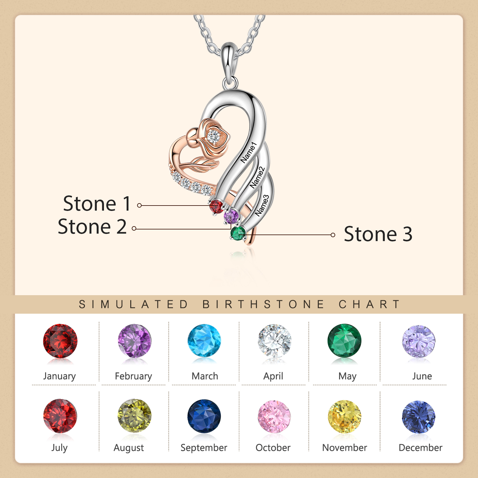 Personalised Flower Necklace With 3 Birthstones Engraved Names Necklace Gift For Women-Jessemade AU