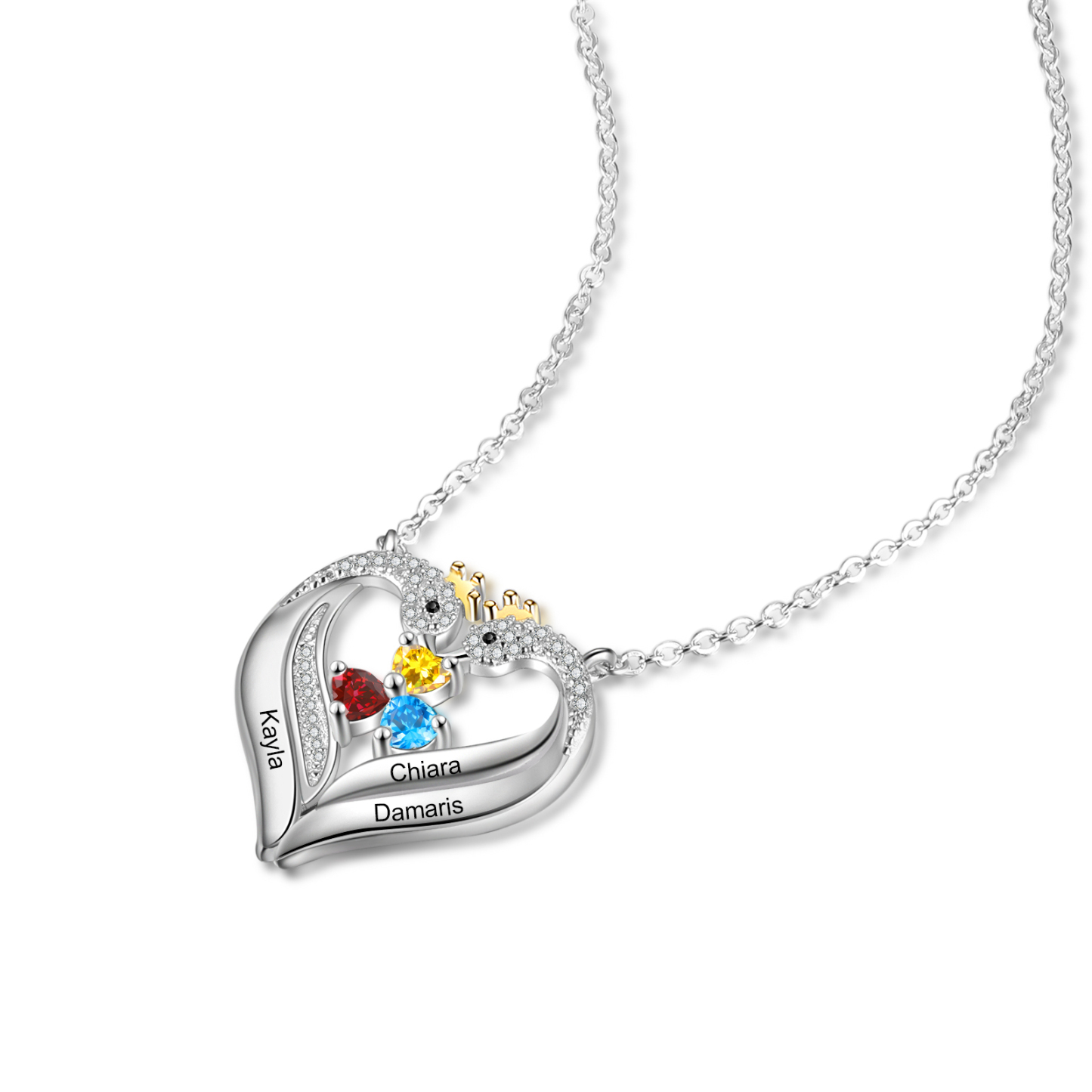Personalised Heart Swan Necklace With 3 Birthstones Engraved Names Necklace Gifts For Her-Jessemade AU