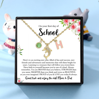 Back To School Personalised Dolphin Necklace Custom Birthstone and Initial Necklace-Jessemade AU