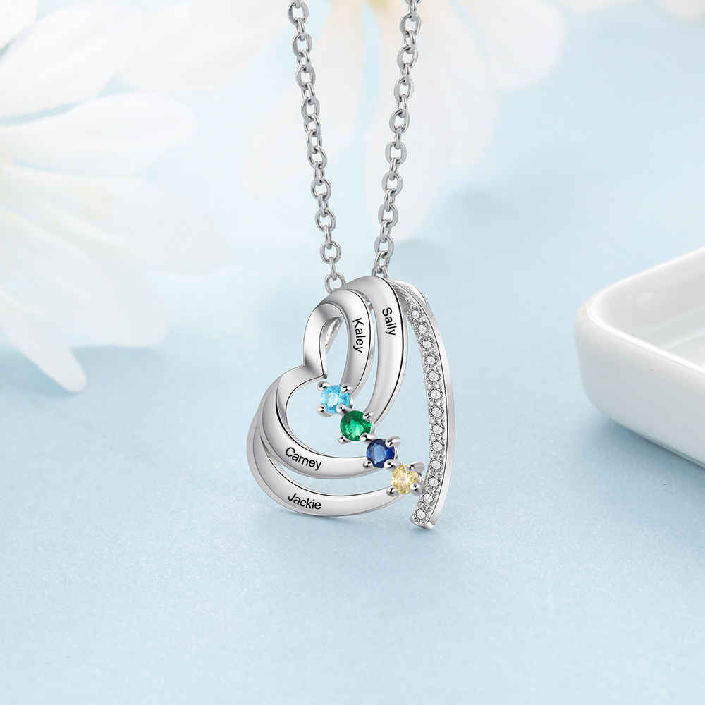 Personalised Family Heart Necklace With 4 Birthstones Engraved Names Gift For Her-Jessemade AU