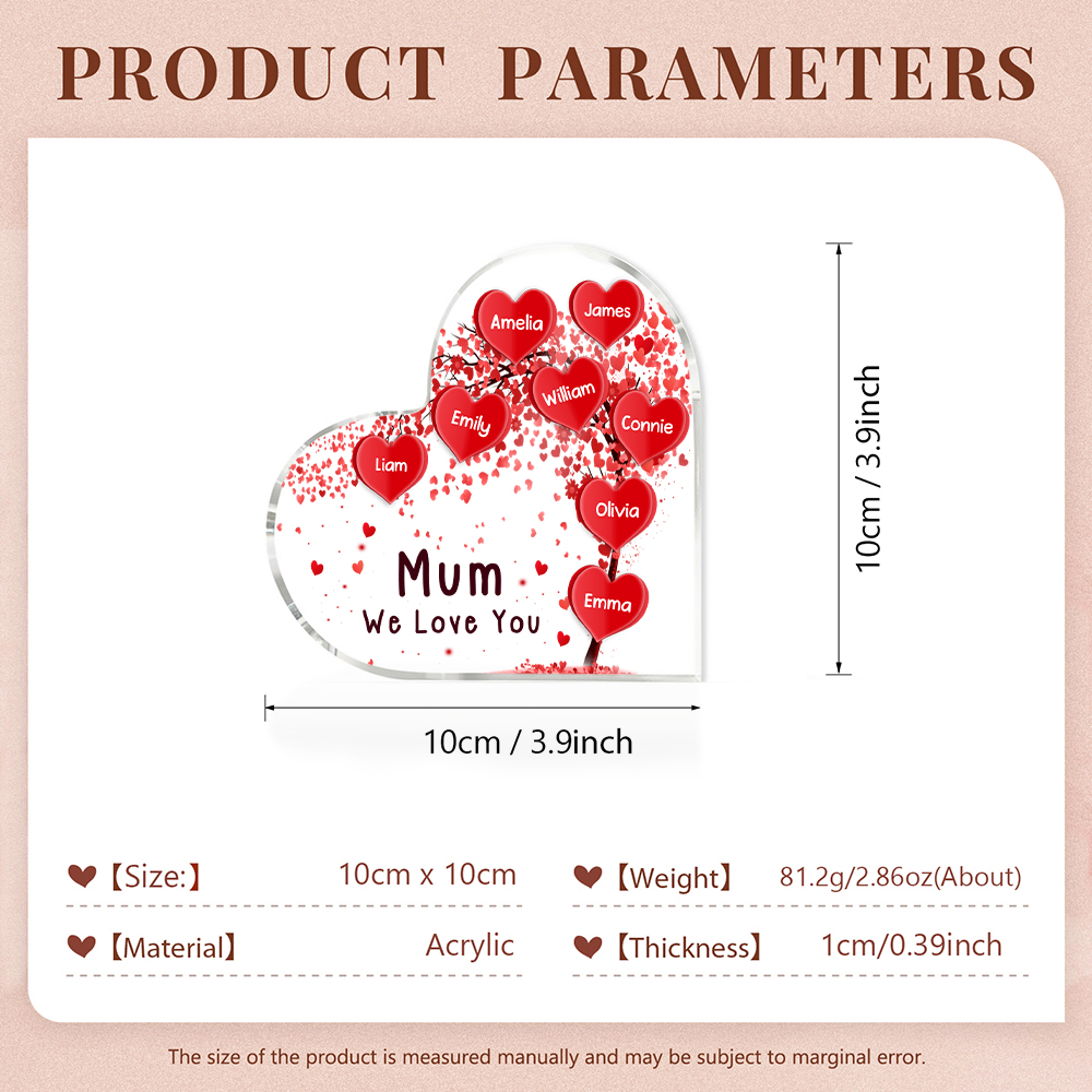 8 Names - Personalised Acrylic Heart Keepsake Custom Text Red Tree Ornaments Gifts for Grandma/Mother-Jessemade AU