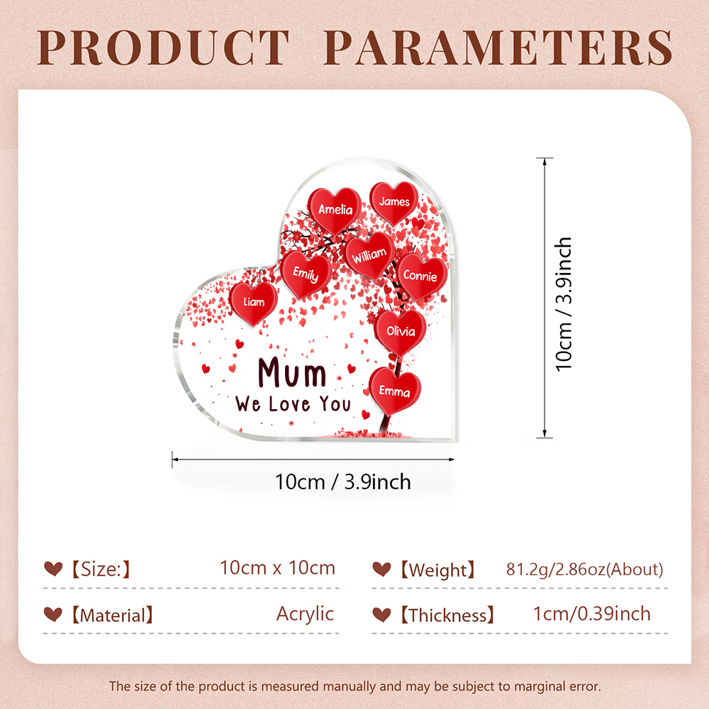 8 Names - Personalised Acrylic Heart Keepsake Custom Text Red Tree Ornaments Gifts for Grandma/Mother-Jessemade AU