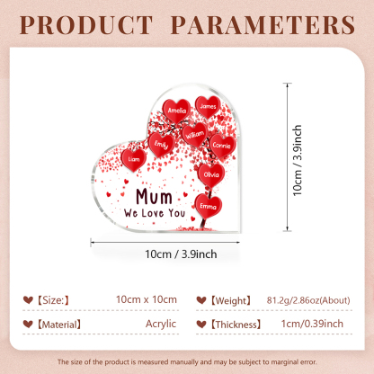 8 Names - Personalised Acrylic Heart Keepsake Custom Text Red Tree Ornaments Gifts for Grandma/Mother-Jessemade AU