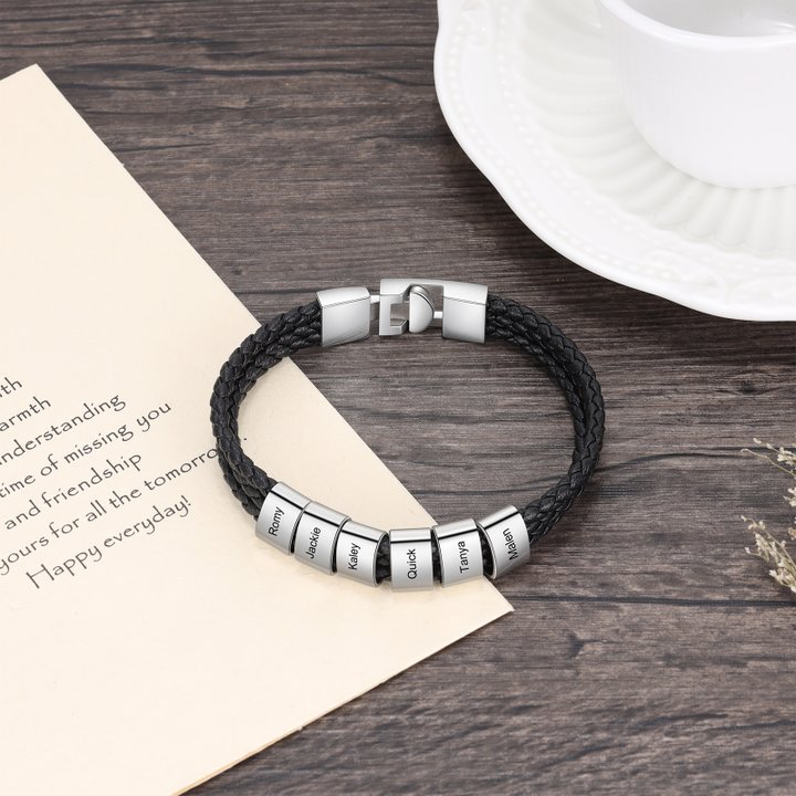 Personalised Braided Leather Bracelet Engraved 6 Names Men's Bracelet Gifts For Him-Jessemade AU