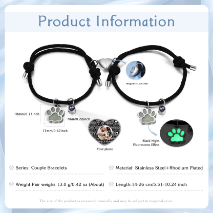 Personalised Photo Projection Bracelet Set Dog Paw Fluorescent Magnetic Bracelet Matching Gifts For Couples/Friends-Jessemade AU