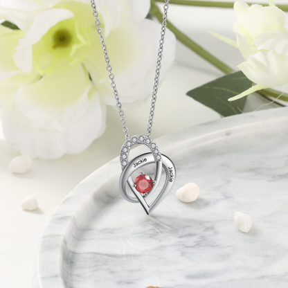 Personalised Heart Necklace With 1 Birthstone Engraved Names Gift For Women-Jessemade AU
