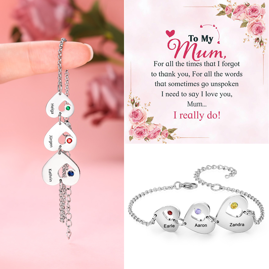 3 Names - Personalised Heart Bracelet Custom Names & Birthstones Family Bracelet Gifts for Her-Jessemade AU