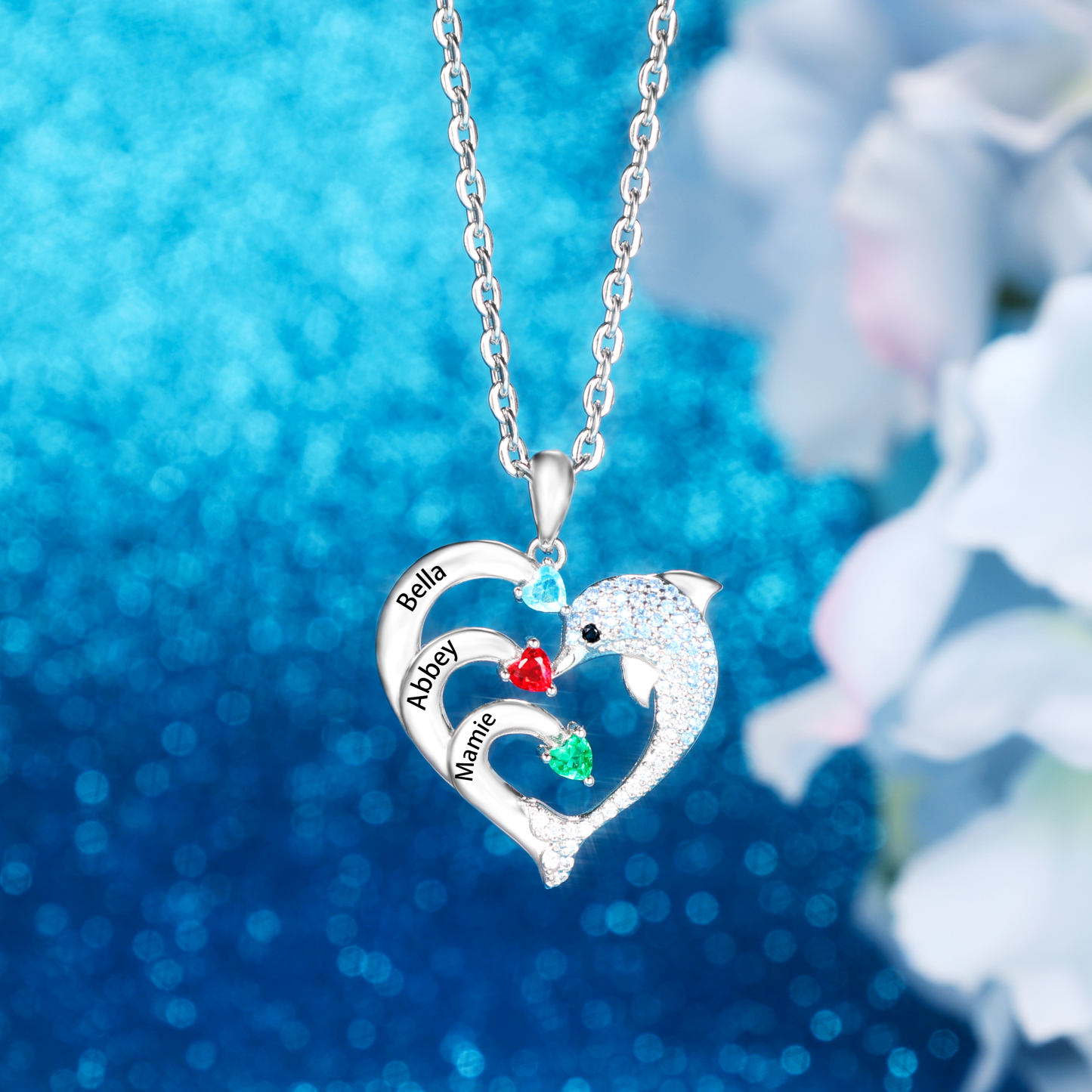 Personalised Heart Dolphin Necklace With 3 Birthstones Engraved Names Gift For Her-Jessemade AU