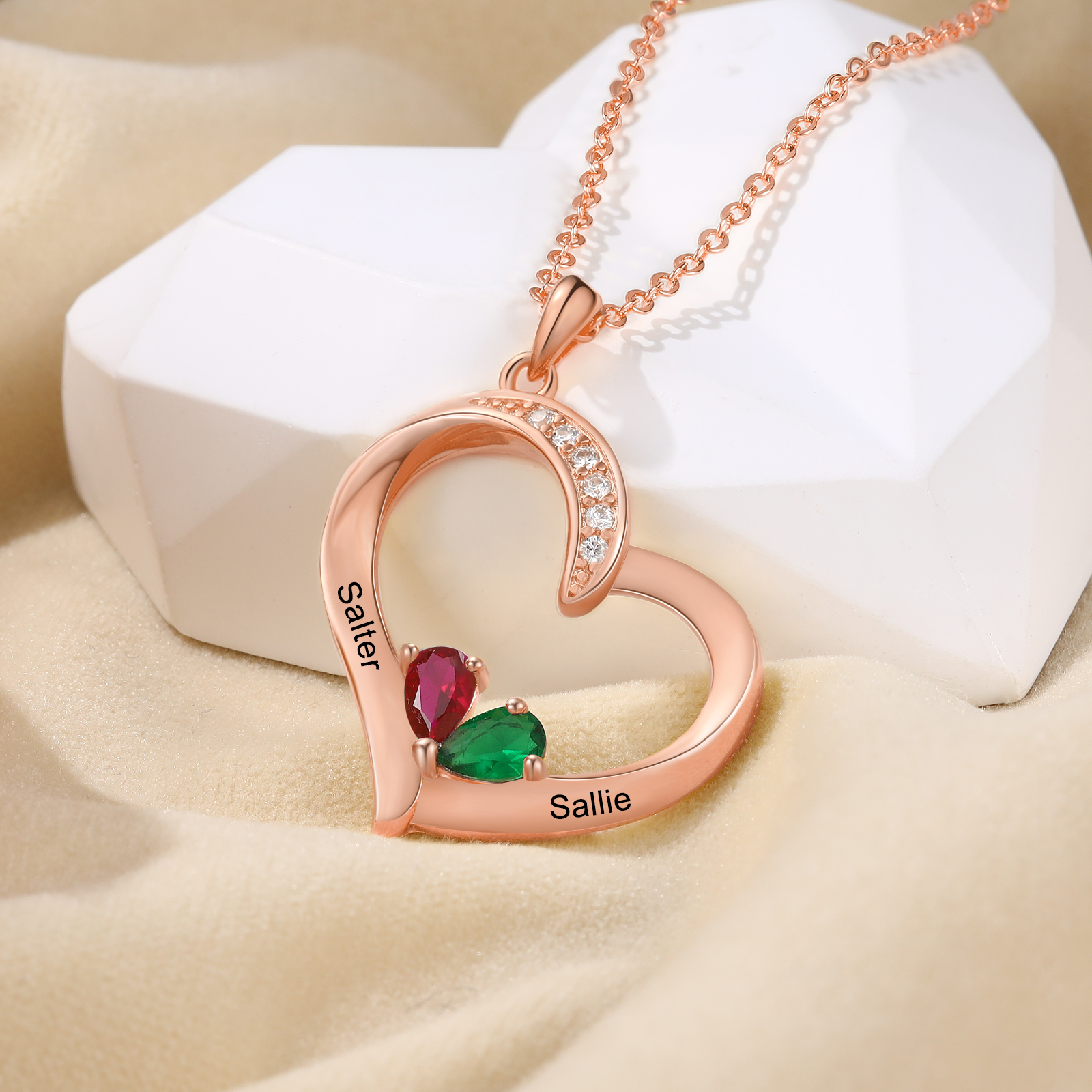 2 Names - Personalised Heart Pendant Necklace Customised Names & Birthstones Necklace Birthday Gift for Her-Jessemade AU