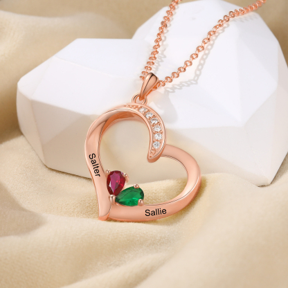 2 Names - Personalised Heart Pendant Necklace Customised Names & Birthstones Necklace Birthday Gift for Her-Jessemade AU