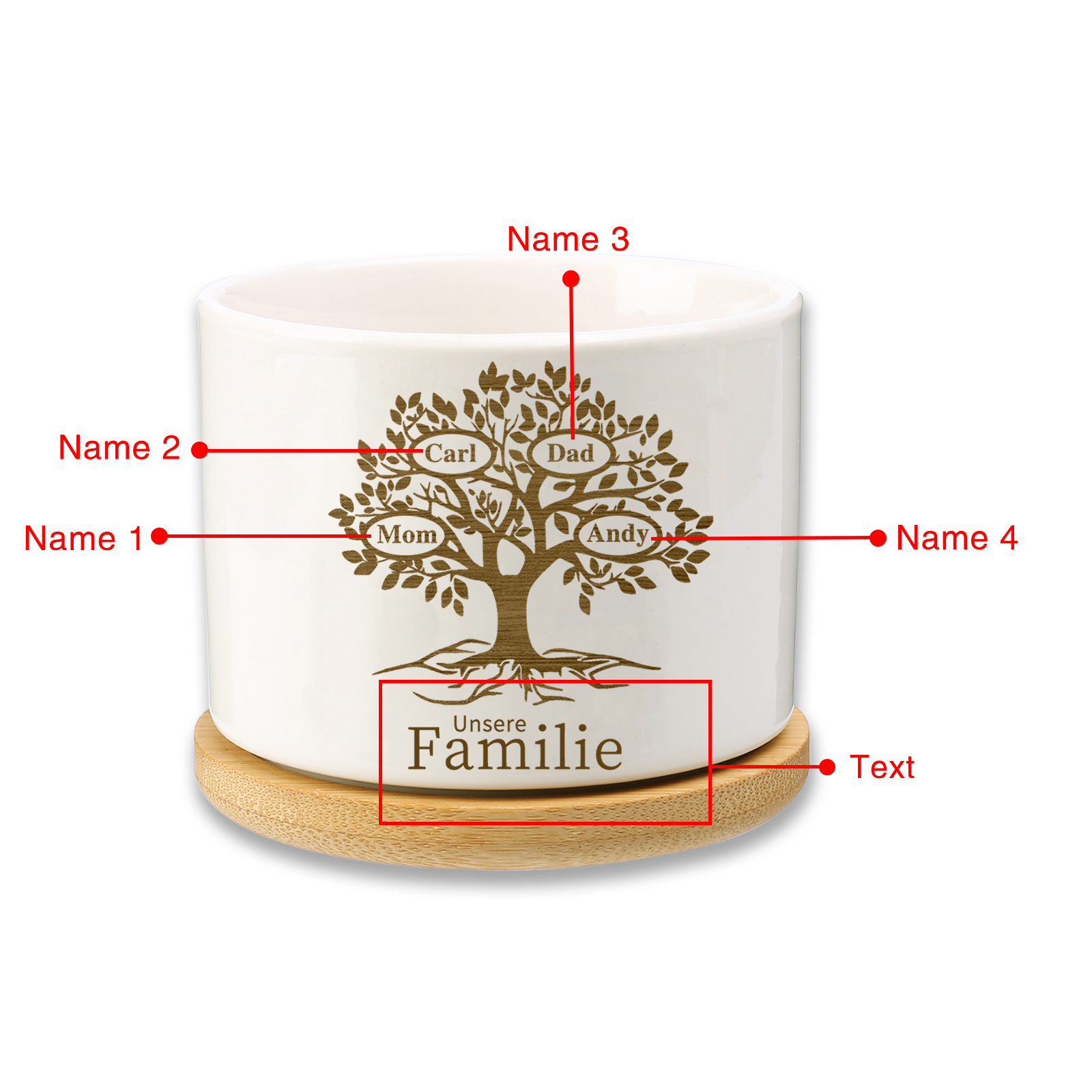 Personalised Ceramic Flowerpot with Wooden Base Custom 4 Names & 1 Text Family Tree Flowerpot Gift for Mum/Nan-Jessemade AU