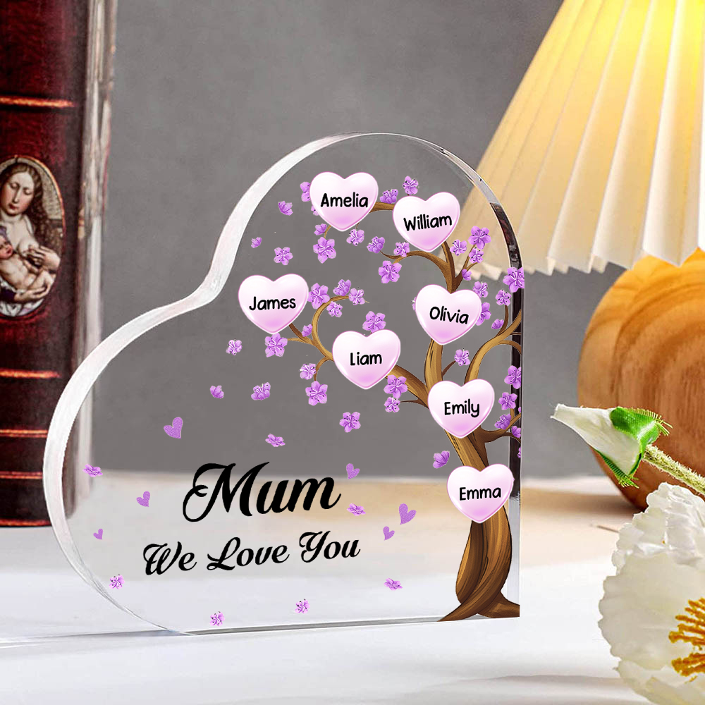 7 Names - Personalised Acrylic Heart Keepsake Custom Text Purple Flowers Tree Ornaments Gifts for Grandma/Mother-Jessemade AU