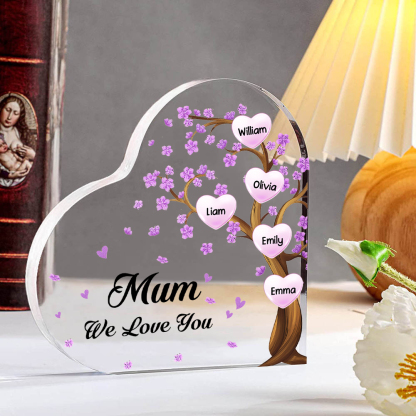 5 Names - Personalised Acrylic Heart Keepsake Custom Text Purple Flowers Tree Ornaments Gifts for Grandma/Mother-Jessemade AU