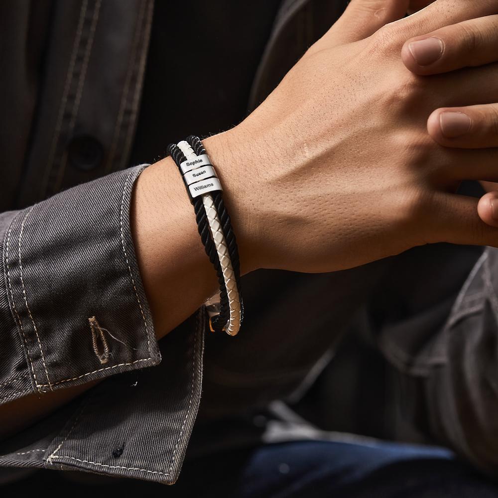 Mens Leather Bracelet Braided Layered Leather with 5 Beads Silver and Gold-Jessemade AU