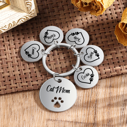 Personalised 5 Names & 1 Text Keychain Cat Paw Circle Charm Keychain Gift for Mother/Grandma-Jessemade AU