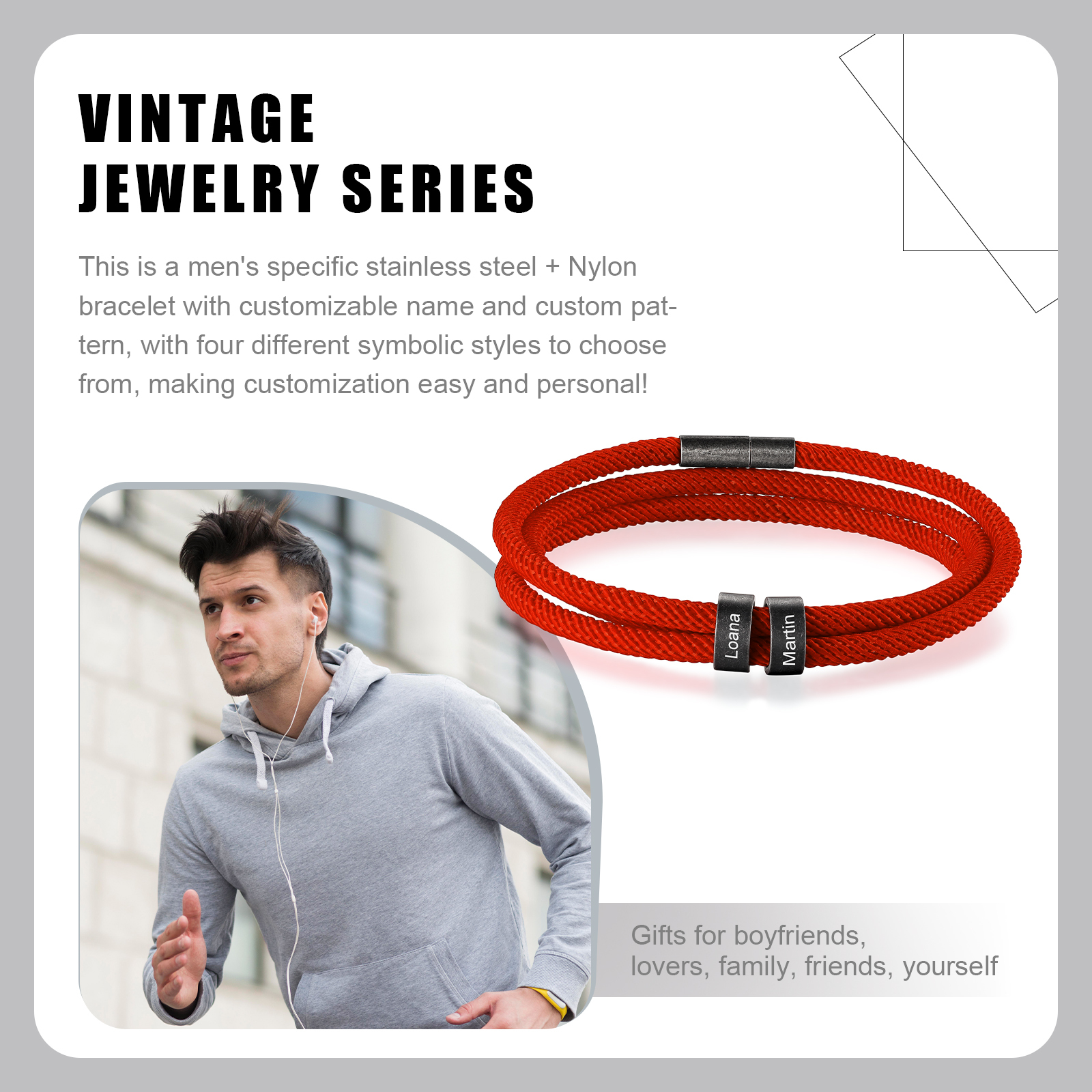2 Names - Vintage Men's Bracelet Custom Name Bracelet Nylon Bracelet Personalised Gift for Him-Jessemade AU