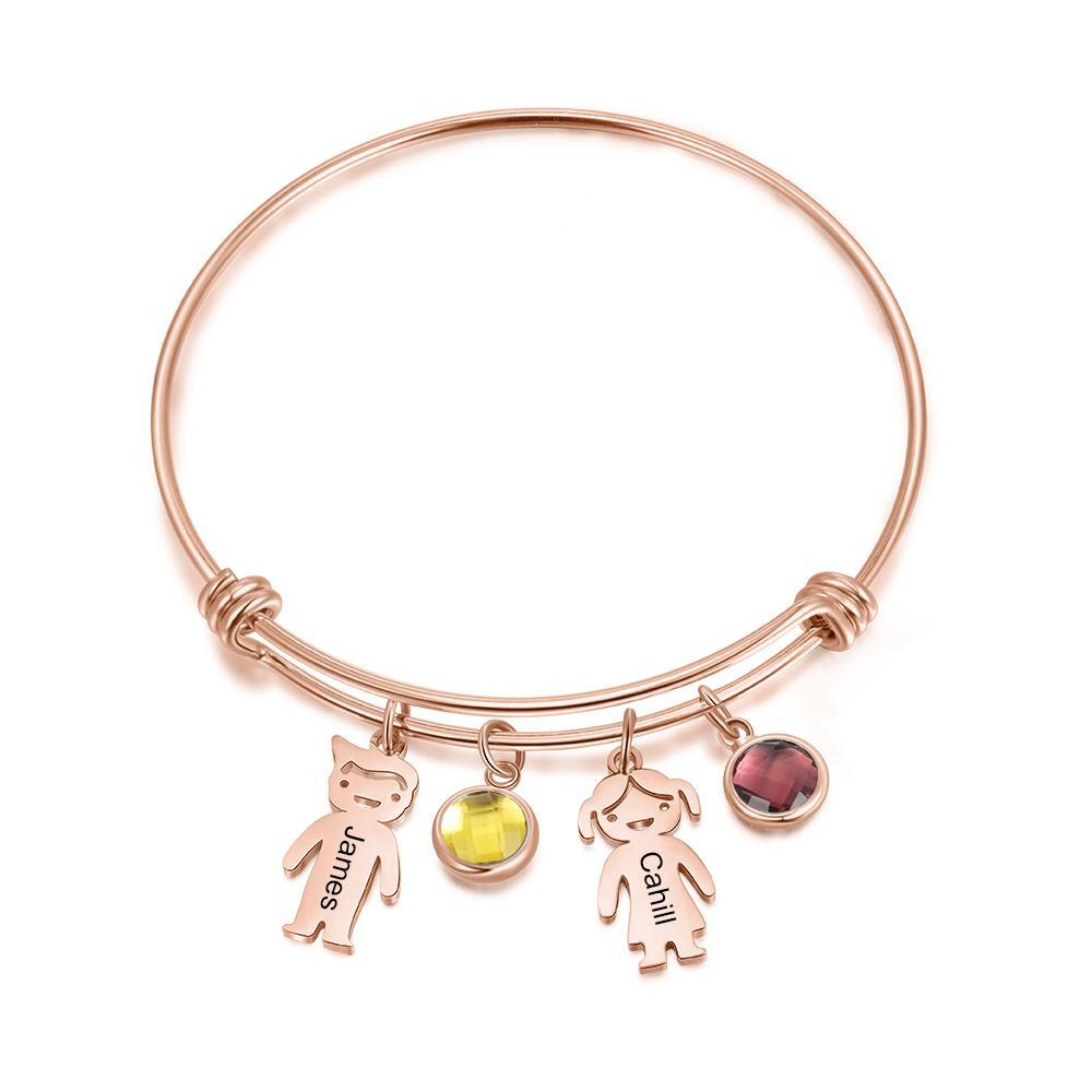 Personalised Kid Charms Bangle Bracelet With Names Customised 2 Birthstones Gift for Her-Jessemade AU