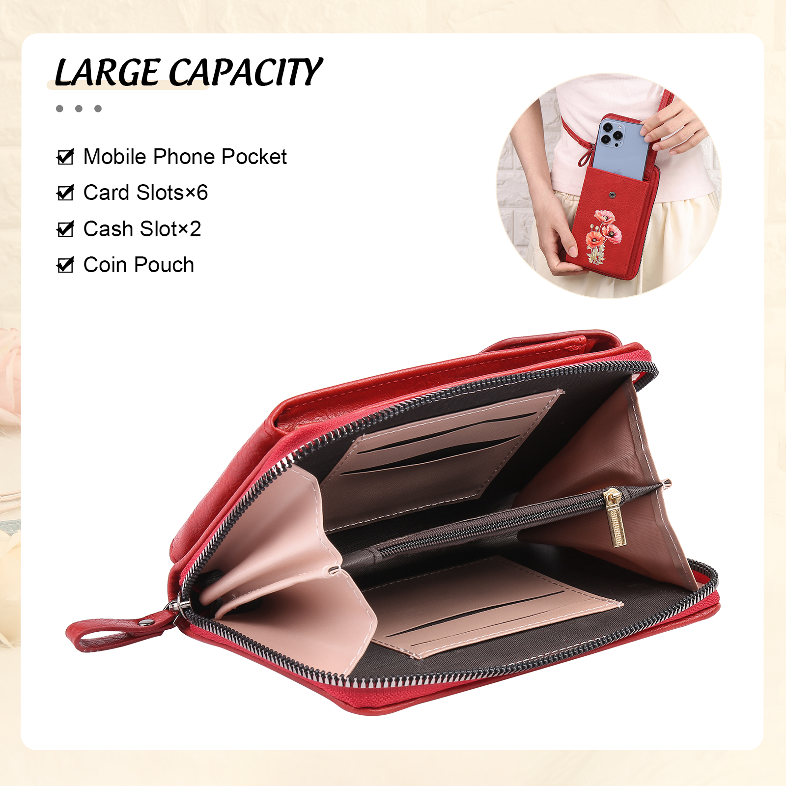 Personalised Women's Leather Wallet Custom Birthday Flower & Name Mobile Phone Wallet Zipper Crossbody Bag