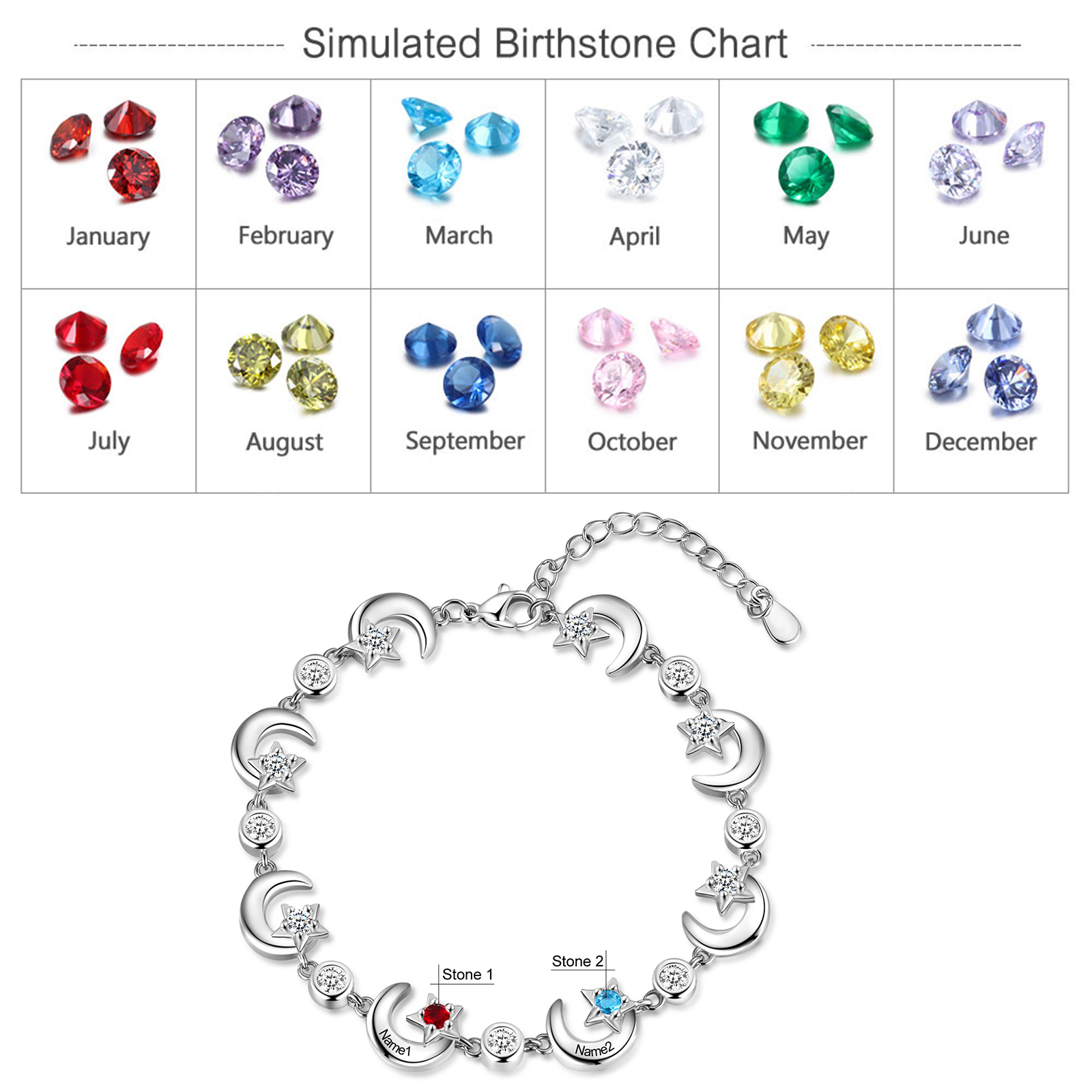 Personalised Moons And Stars Bracelet With 2 Birthstones Custom Names Bracelet Gift For Women-Jessemade AU