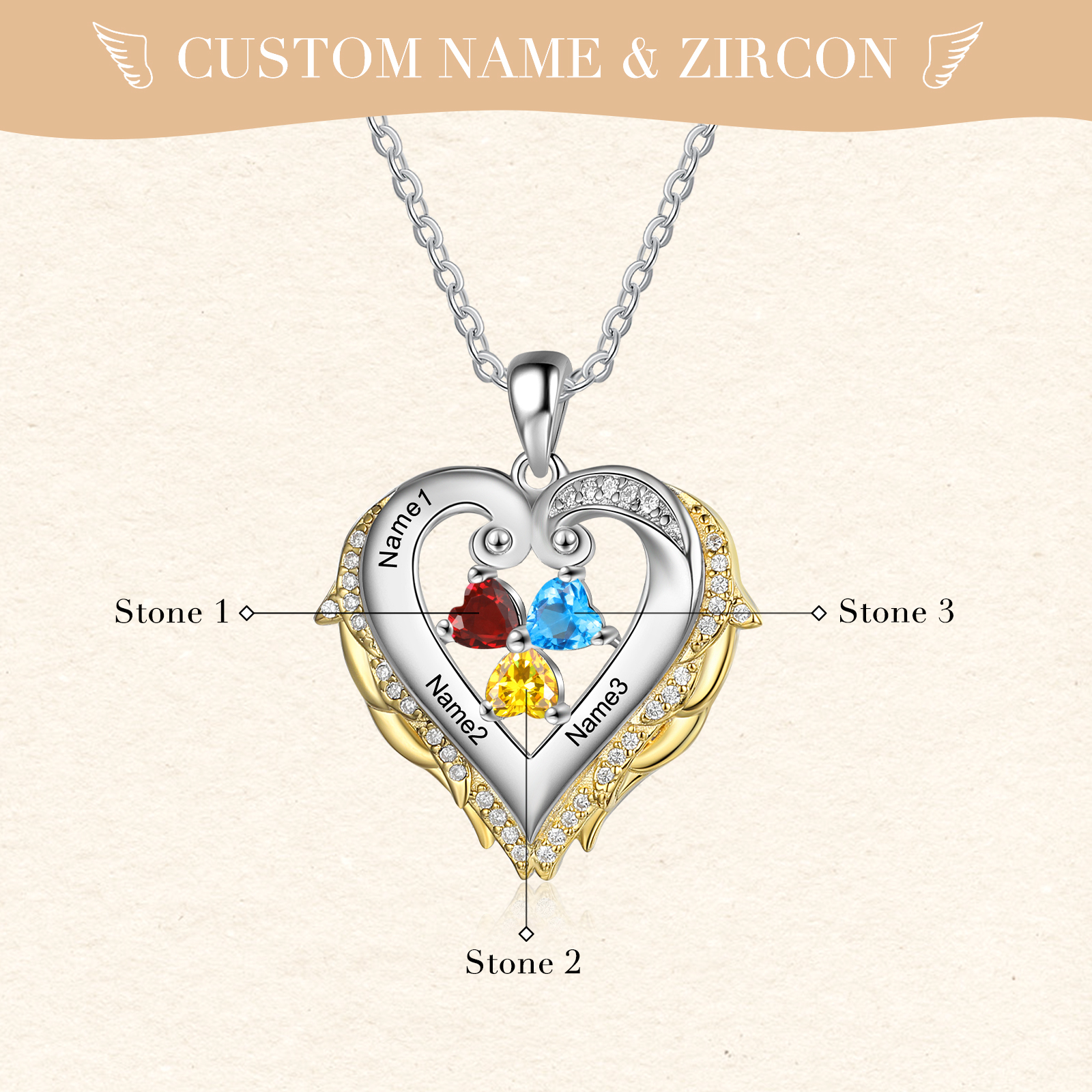 Personalised Heart Wings Necklace With 3 Birthstones Custom Names Gift For Her-Jessemade AU