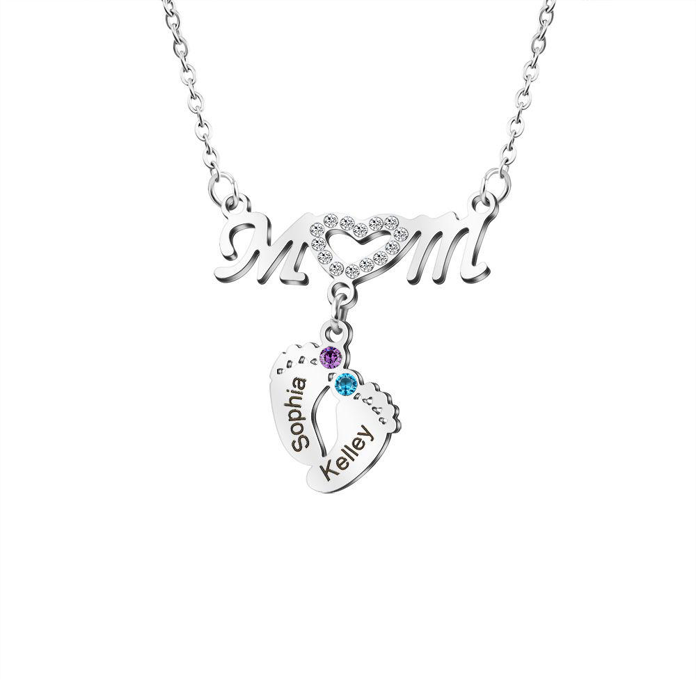 Mom Necklace Customised Baby Feet Necklace with Birthstones Engraving 2 Names Gifts for Her-Jessemade AU