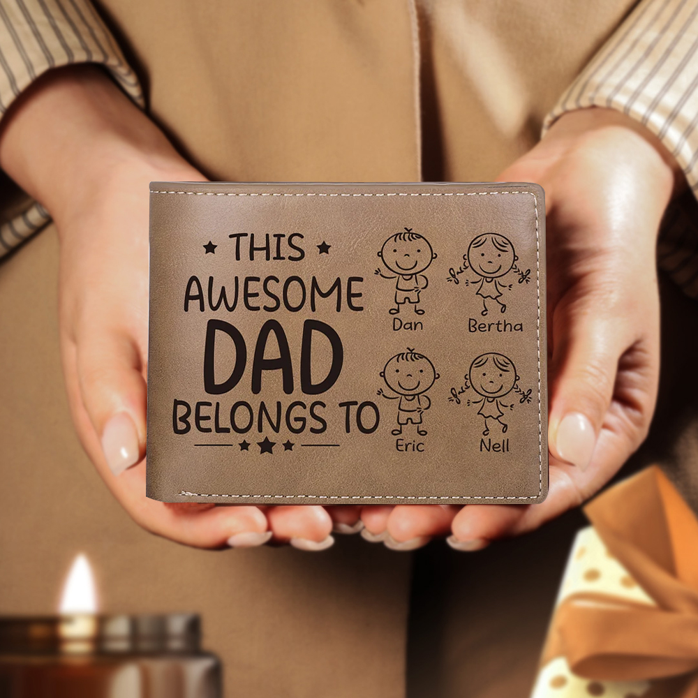 Personalised 1 Photo & 4 Names Wallet Custom Men's Leather Folding Wallet "This Awesome Dad Belongs To" Father's Day Gifts-Jessemade AU
