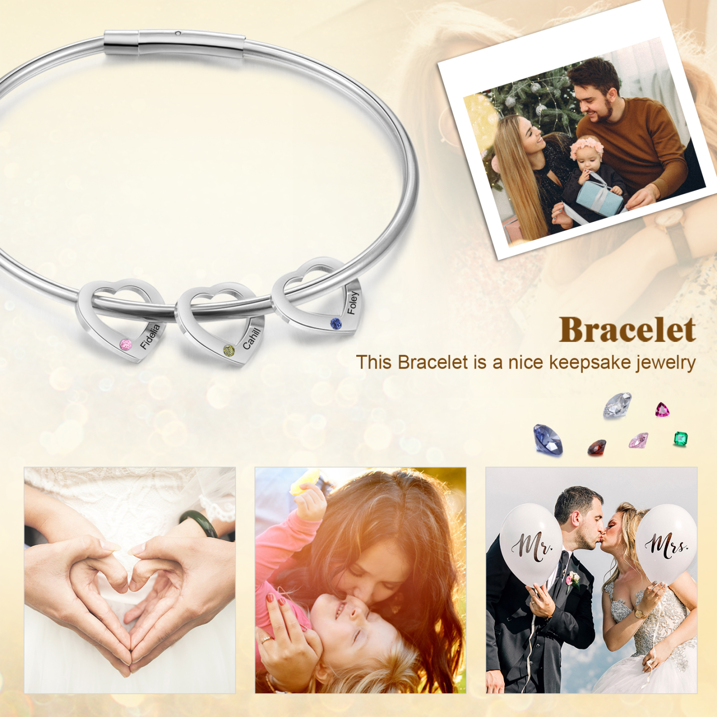 Personalised Heart Bracelet With 3 Birthstones Engraved Names Bracelet Gift For Women-Jessemade AU