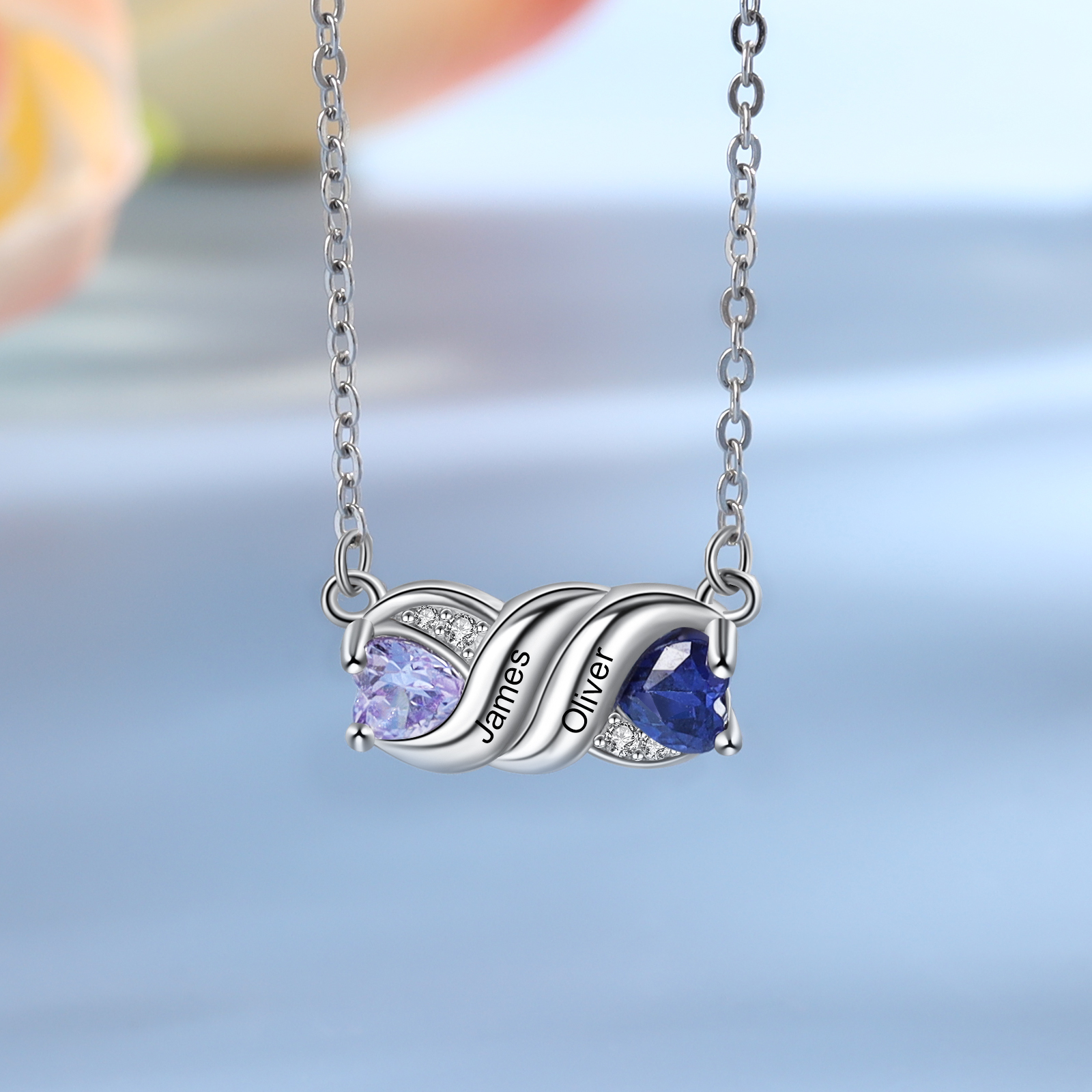 Personalised Heart Birthstone Necklace Custom 2 Names Overlap Necklace Gifts for Her-Jessemade AU