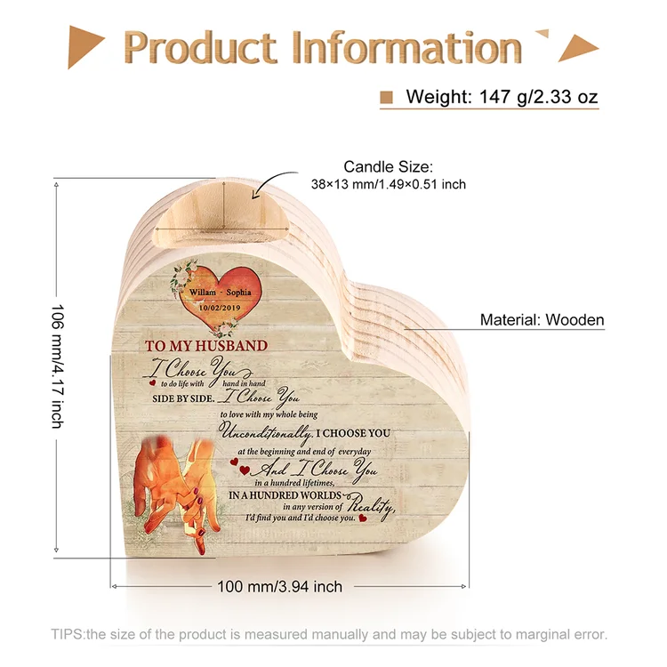 Personalised Couple Heart Candle Holder "I choose you to do life with side by side"Wooden Candlesticks Valentines Gift-Jessemade AU