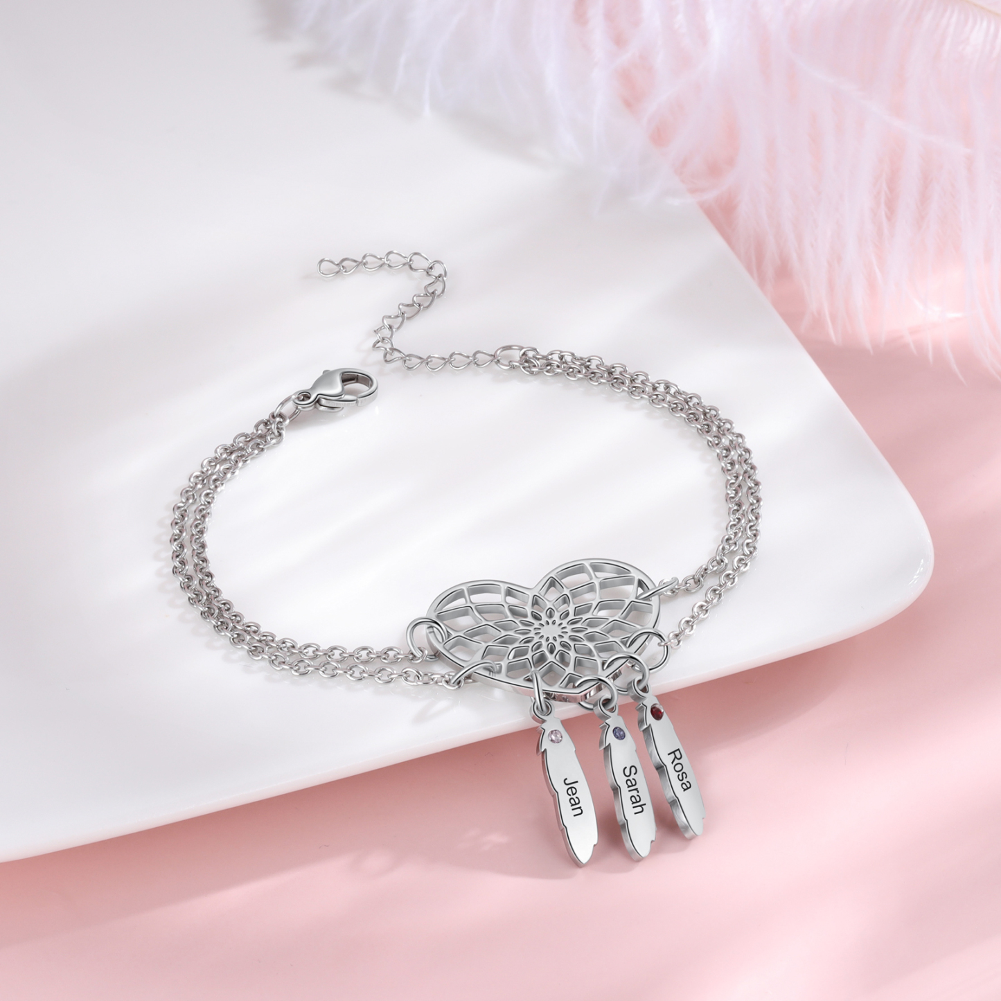 Personalised Heart Dream Catcher Bracelet with Birthstones Engrave 3 Names Gifts For Her-Jessemade AU