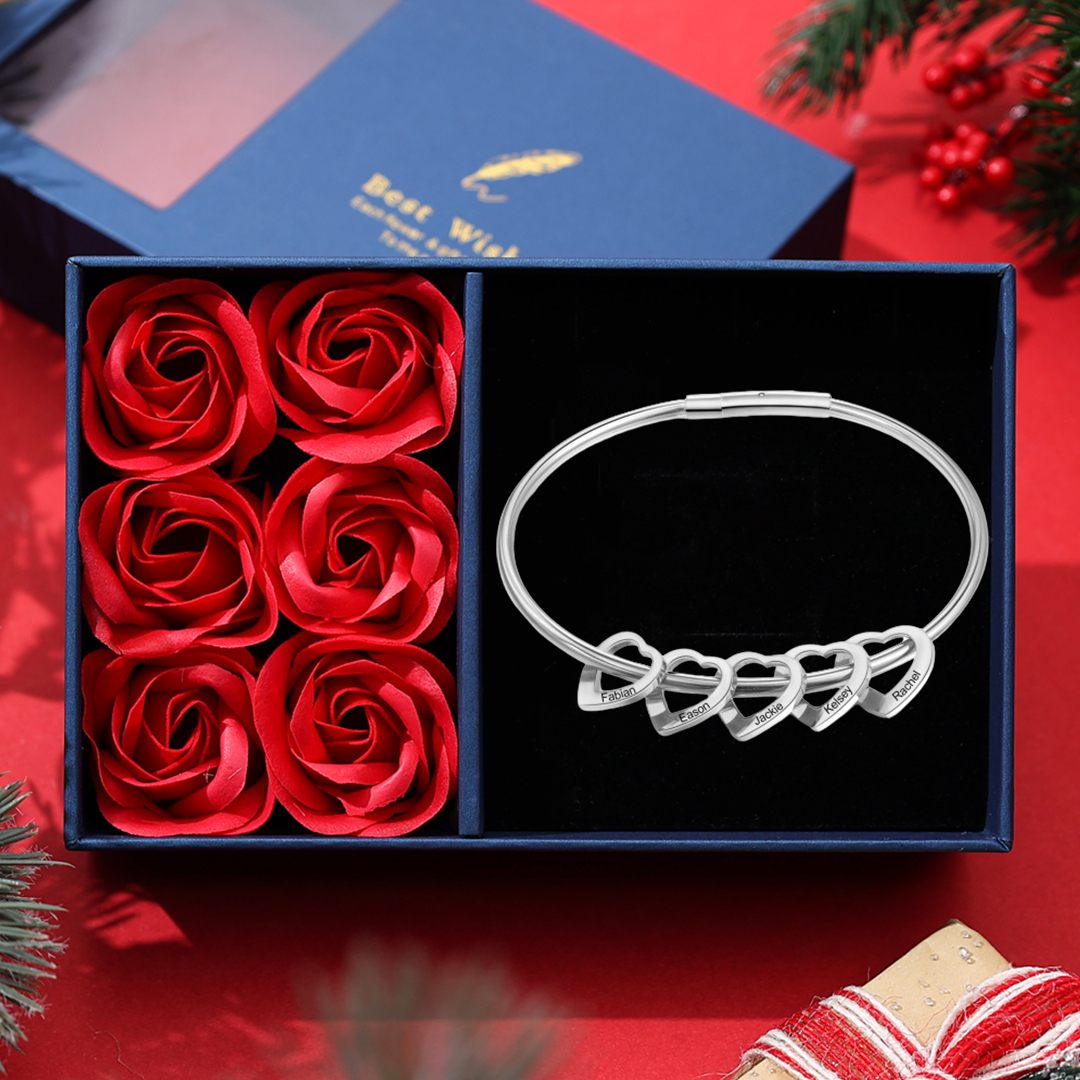 Personalised Love Bracelet with 5 Heart Charms Engraved 5 Names Bangle Bracelet Rose Gift for Her-Jessemade AU