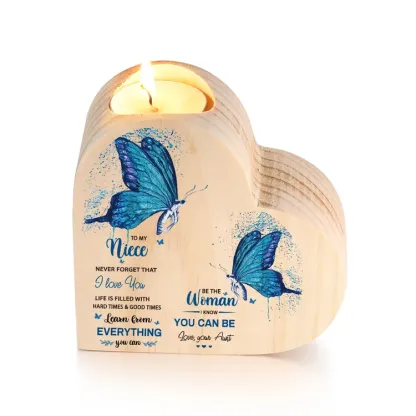 To My Niece Heart Candle Holder Never Forget That I Love You Wooden Blue Butterfly Candlestick-Jessemade AU