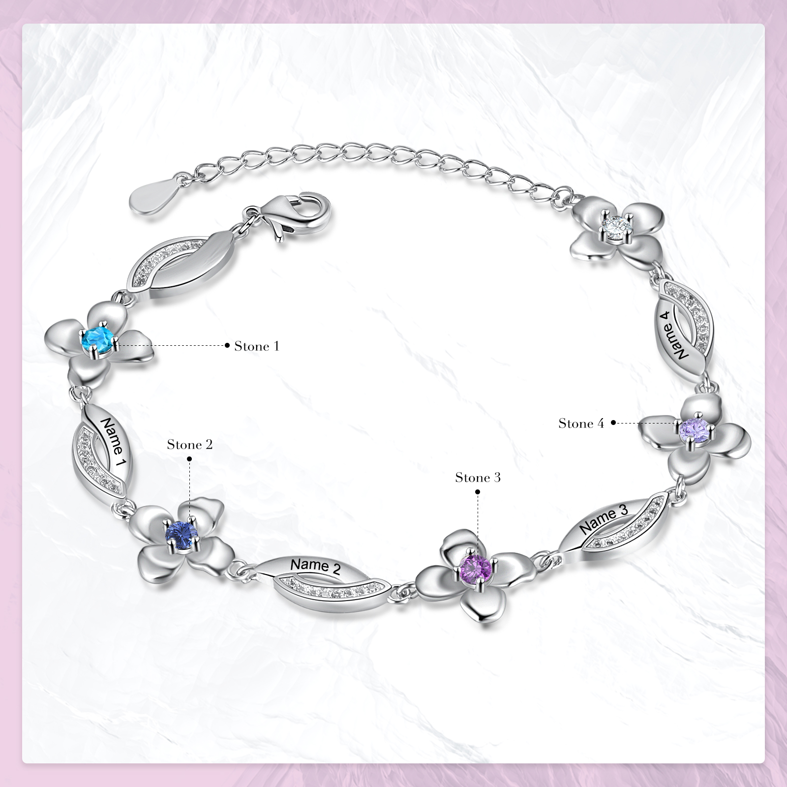 Flowers Bracelet Personalised 4 Birthstone Bracelet Engraved Names Flowers Charm Gifts For Her-Jessemade AU