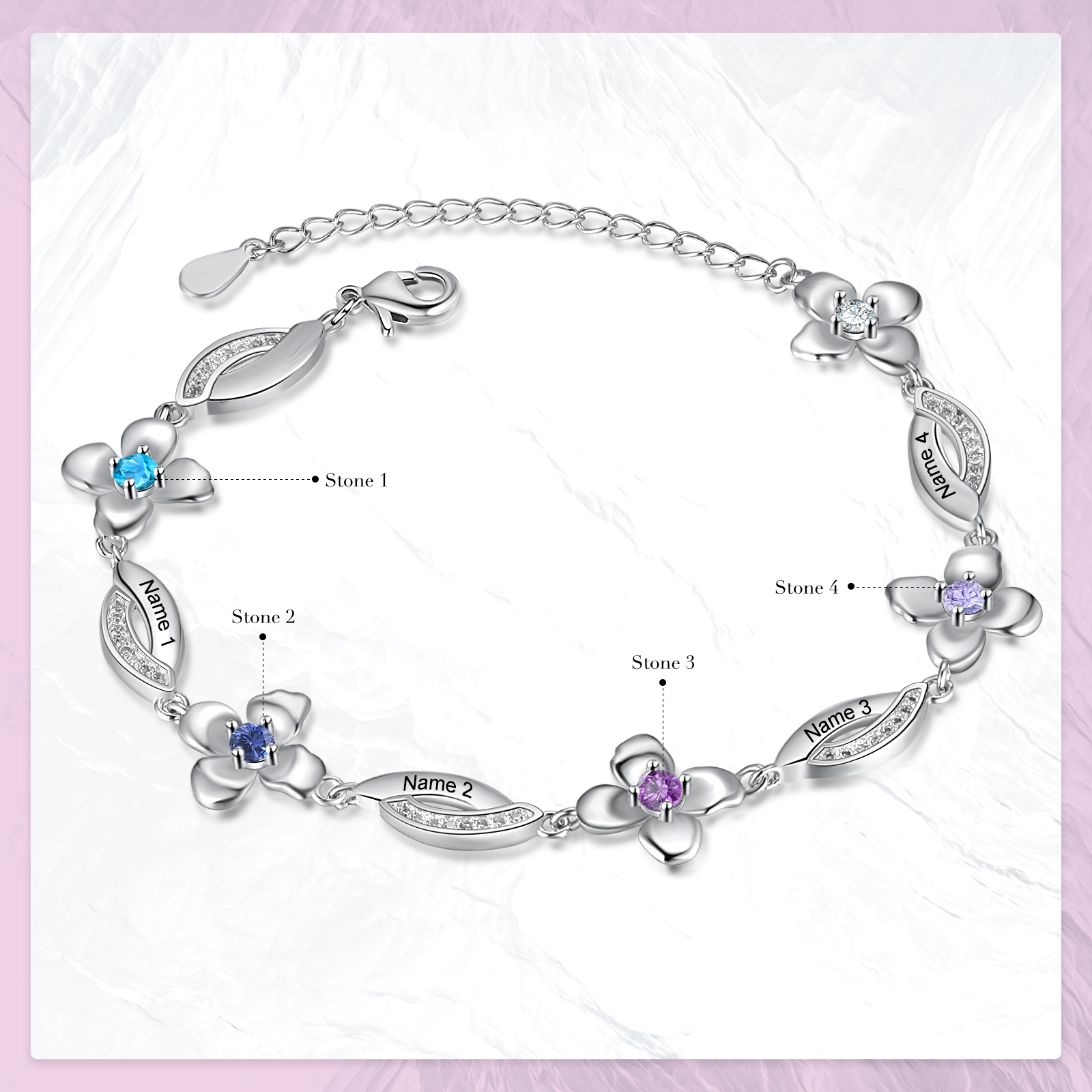 Flowers Bracelet Personalised 4 Birthstone Bracelet Engraved Names Flowers Charm Gifts For Her-Jessemade AU