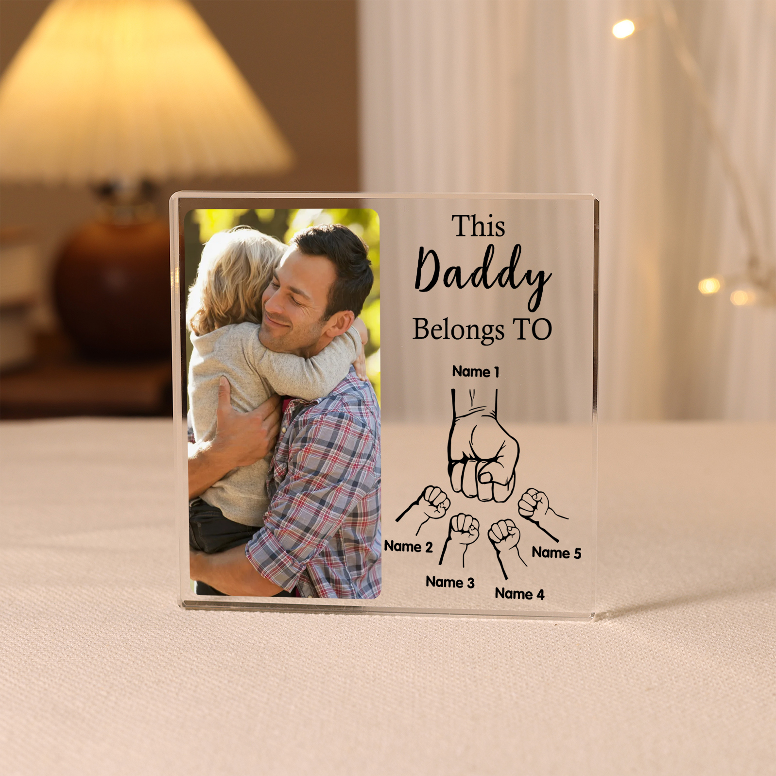 Personalised 5 Names & 1 Text & 1 Photo Acrylic Square Keepsake Fist Bump Rectangle Plaque Father's Day Gifts-Jessemade AU