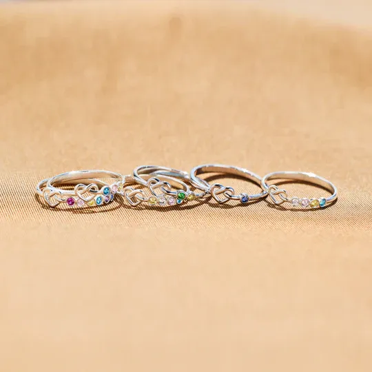 Family Ring Personalised 4 Birthstones Heart Knot Ring Band-Jessemade AU