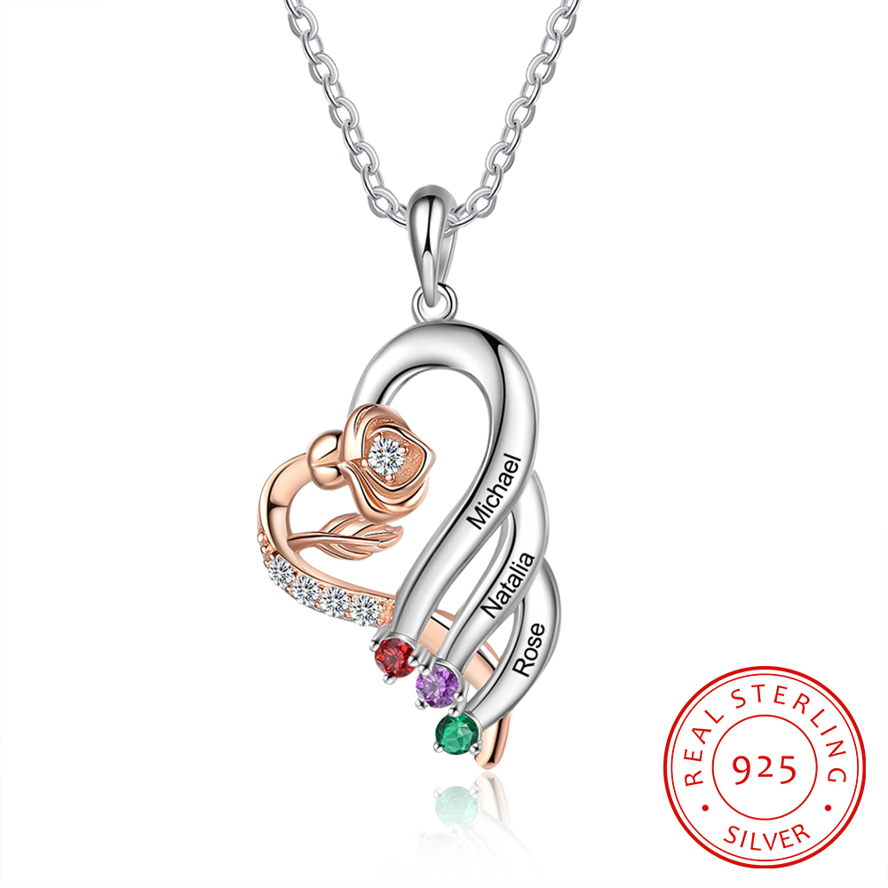 Personalised Flower Necklace With 3 Birthstones Engraved Names Necklace Gift For Women-Jessemade AU