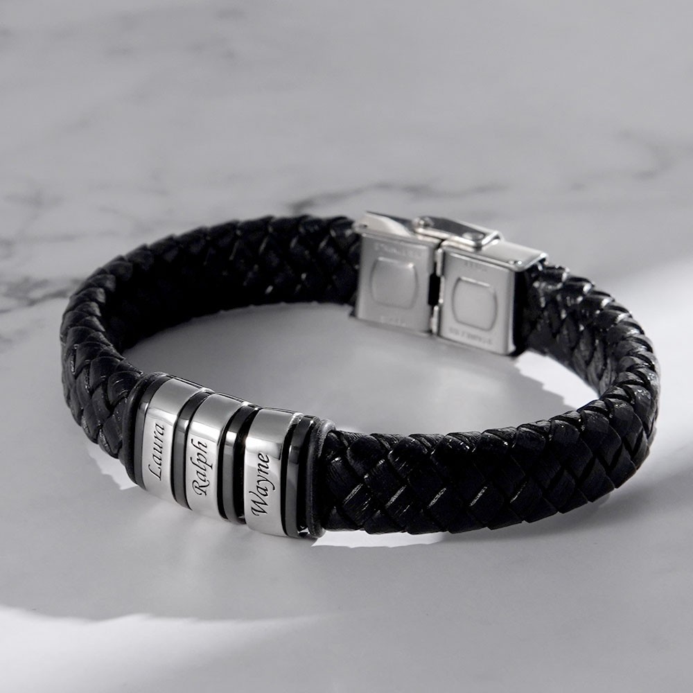 Men Leather Braided Bracelet Personalised with 4 Names 4 Beads Gift For Father's Day-Jessemade AU