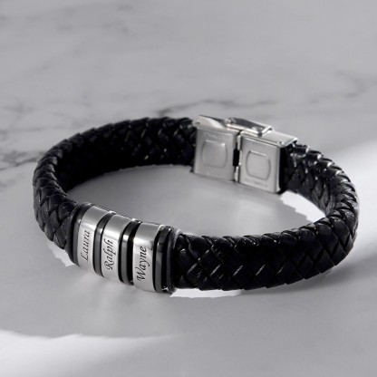 Men Leather Braided Bracelet Personalised with 4 Names 4 Beads Gift For Father's Day-Jessemade AU