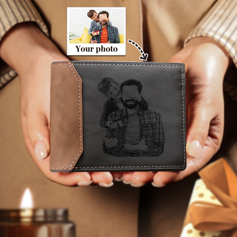 Personalised Leather Wallet Engraved Photo Short Purse Gifts For Men