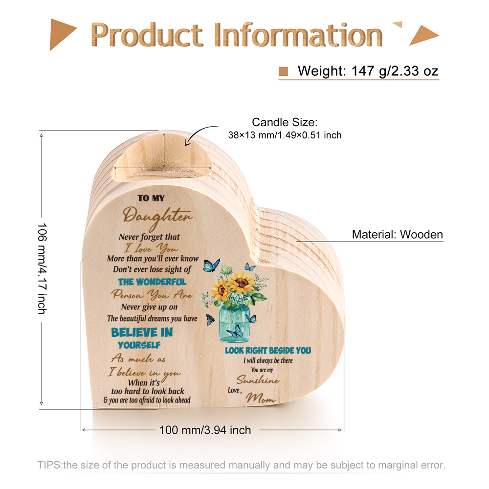 To My Daughter-Wooden Heart Candle Holder Sunflowers Candlesticks "I will always be there"-Jessemade AU