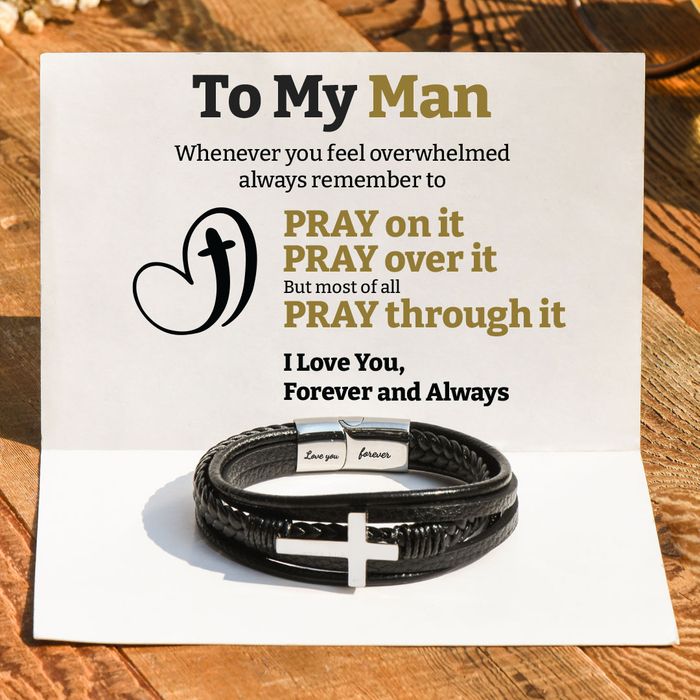 To My Man Pray Through It Leather Cross Bracelet Gifts for Him-Jessemade AU