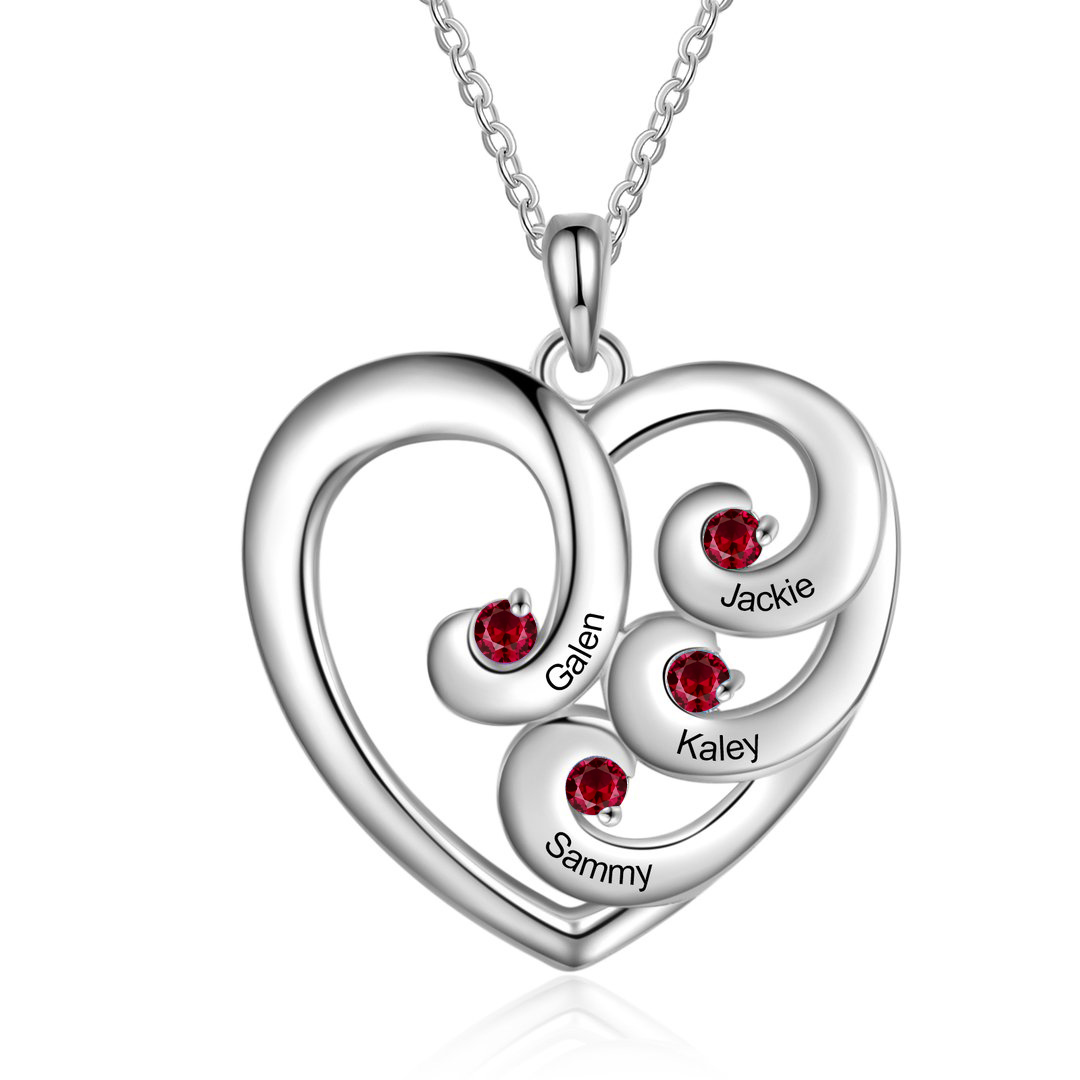 Personalised Heart Necklace With 4 birthstones Engraved Names Gift For Women-Jessemade AU